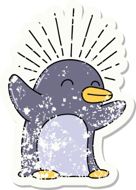 Dövme stili eski bir çıkartma. Bir insan tarafından çizilmiş mutlu penguen.