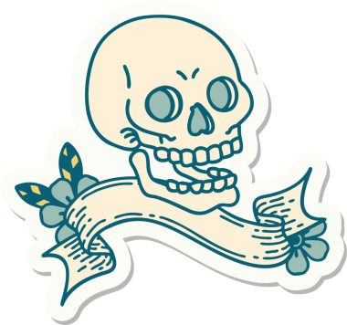 Bir insan tarafından çizilmiş kafatasının pankartıyla dövme stili etiketi