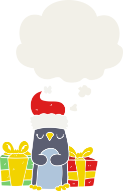 Düşünce baloncuğu olan sevimli noel pengueni insan tarafından çizilmiş.