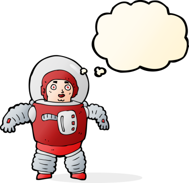 Bir insan tarafından çizilmiş düşünce balonlu bir uzay adamı.