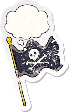 Karikatür korsan bayrağı. Düşünce baloncuğu insan tarafından çizilmiş, yıpranmış bir çıkartma.