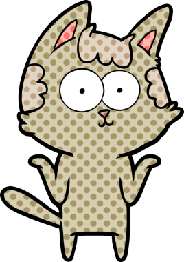 Mutlu çizgi film kedileri omuz silkiyor, omuzları bir insan tarafından çiziliyor.