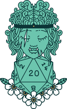 Retro Dövme Tarzı Ork barbarlığı. Bir insan tarafından çizilmiş doğal yirmi zar.