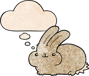 Bir insan tarafından çizilmiş grunge desenli düşünce baloncuklu çizgi film tavşanı.