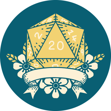 Retro Dövme Biçimi Doğal 20 kritik vuruş D20 zar bir insan tarafından çizildi