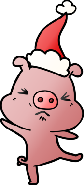 Bir insan tarafından çizilmiş Noel Baba şapkası giymiş öfkeli bir domuzun el çizimi karikatürü.