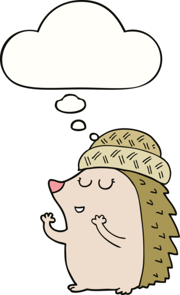 Düşünce baloncuğu çizilmiş şapkalı bir kirpi.