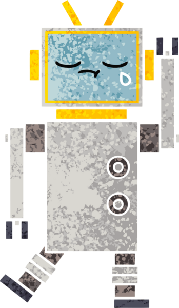 Bir insan tarafından çizilmiş ağlayan bir robotun retro çizim tarzı karikatürü