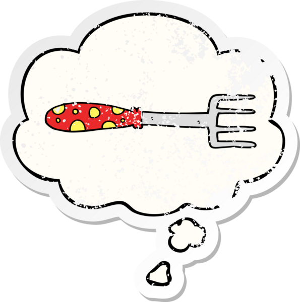 Düşünce baloncuklu çizgi film çatalı, insan tarafından çizilmiş yıpranmış bir çıkartma gibi.