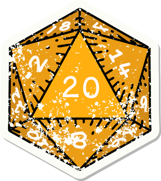 Bir insan tarafından çizilmiş 20 D20 zarının grunge sticker 'ı.