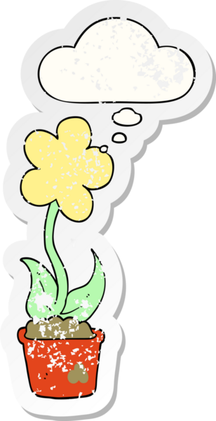 Düşünce baloncuğu olan sevimli bir karikatür çiçeği insan tarafından çizilmiş yıpranmış bir çıkartma gibi.