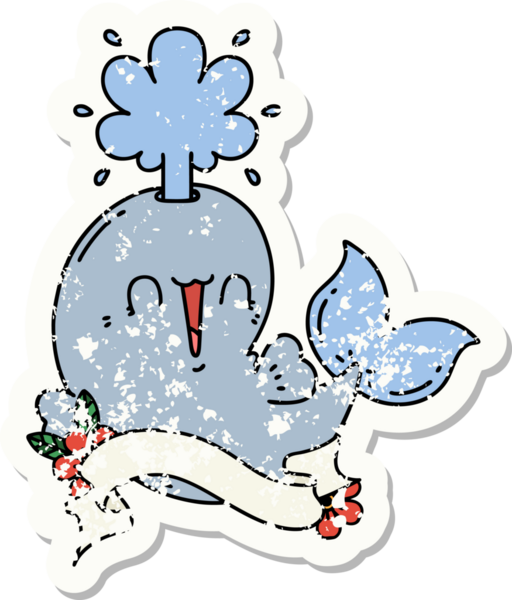 Dövme stili eski bir çıkartma. Bir insan tarafından çizilmiş mutlu, fışkırtan balina karakteri.