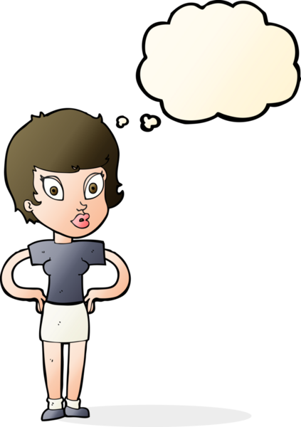 Bir insan tarafından çizilmiş düşünce baloncuğu olan elleri kalçasında çizgi film kadını.