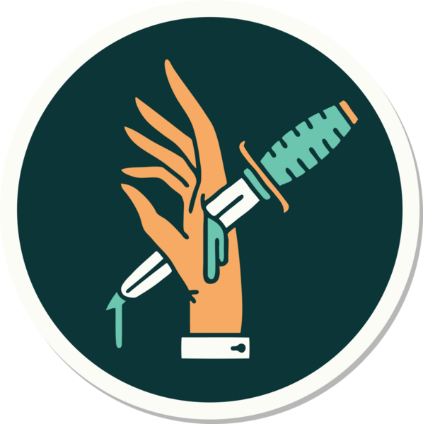 Bir insan tarafından çizilmiş eline geleneksel bir hançer stili dövme çıkartması.