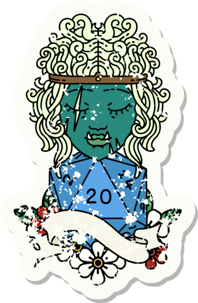 Retro Dövme Biçimi Yarı Ork Barbar Karakteri Bir insan tarafından çizilmiş 20 zar ile