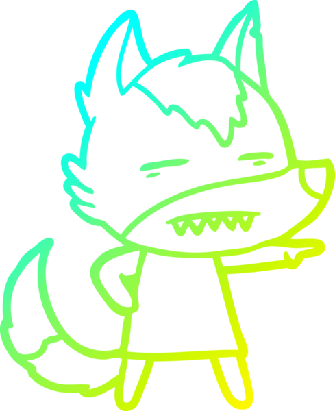 Bir insan tarafından çizilmiş dişleri gösteren çizgi bir kurt çizimi.