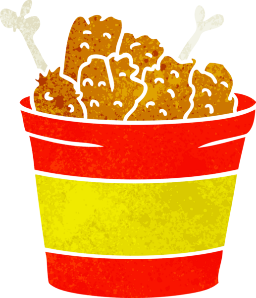 El çizimi retro çizgi film. Bir insan tarafından çizilmiş kızarmış tavuk kovası.