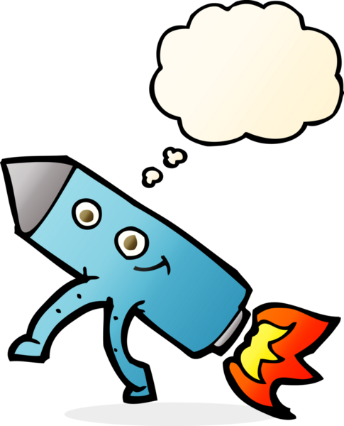 Bir insan tarafından çizilmiş düşünce baloncuklu mutlu roket.