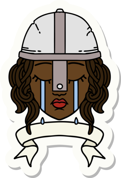 Ağlayan bir insan savaşçı karakterinin çıkartması. Bir insan tarafından çizilmiş pankartıyla.