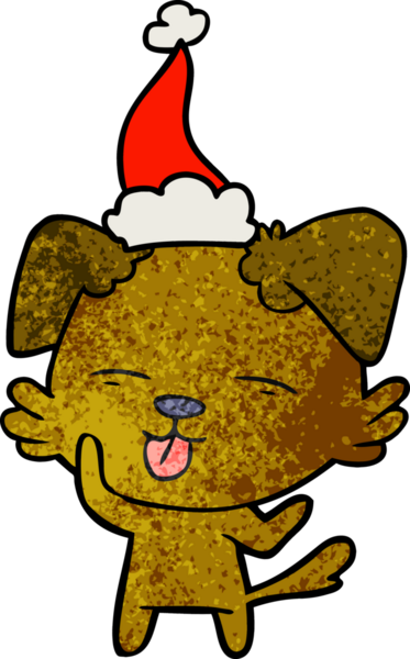 Bir insan tarafından çizilmiş Noel Baba şapkası giymiş bir köpeğin el çizimi karikatürü.