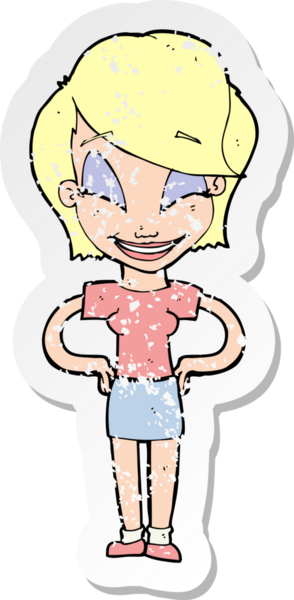 Bir insan tarafından çizilmiş kalçasında elleri olan bir karikatür kadının gerilmiş çıkartması.