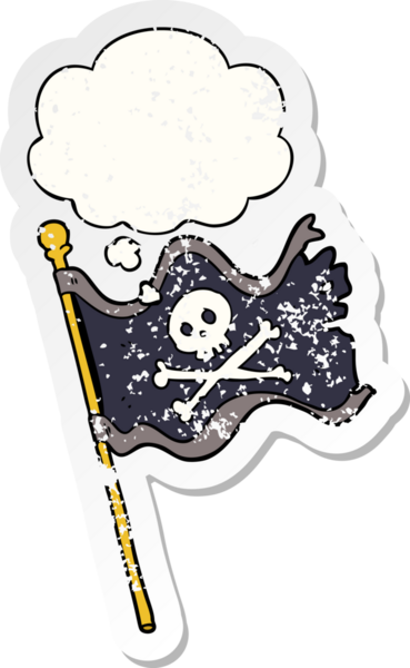 Karikatür korsan bayrağı. Düşünce baloncuğu insan tarafından çizilmiş, yıpranmış bir çıkartma.