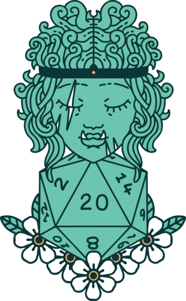 Retro Dövme Tarzı Ork barbarlığı. Bir insan tarafından çizilmiş doğal yirmi zar.