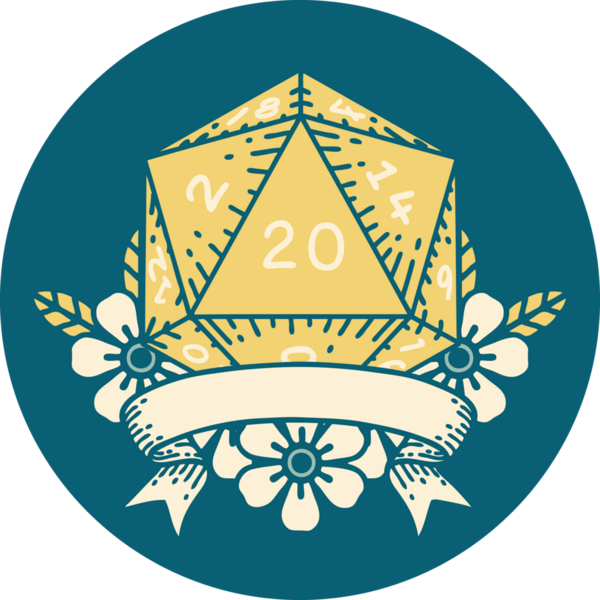 Retro Dövme Biçimi Doğal 20 kritik vuruş D20 zar bir insan tarafından çizildi