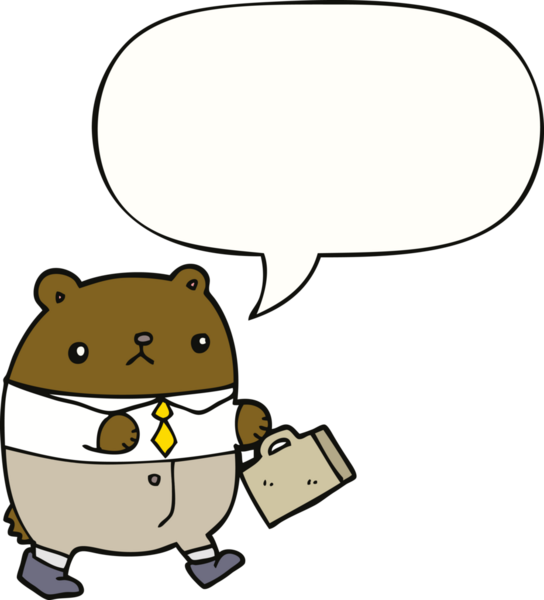 İnsan tarafından çizilmiş konuşma baloncuğu olan iş kıyafetleri içindeki çizgi film ayısı.