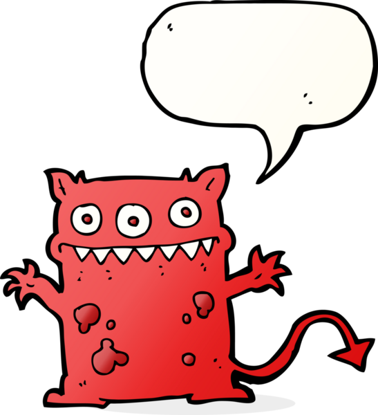 Bir insan tarafından çizilmiş konuşma balonu olan küçük bir canavar.