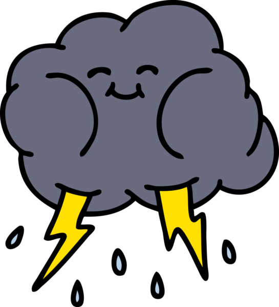 Bir insanın çizdiği yıldırımlar atan mutlu bir fırtına bulutunun karikatürü.