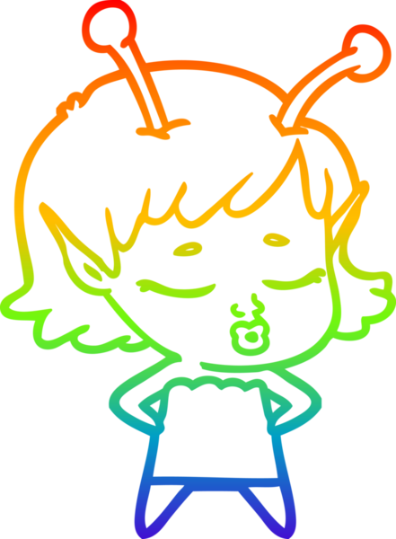 Gökkuşağı gradyan çizgisi. Bir insan tarafından çizilmiş şirin bir uzaylı kız çizgi filmi.