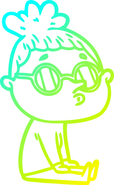 Bir insan tarafından çizilmiş gözlük takan çizgi film kadını çizimi.