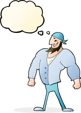 Bir insan tarafından çizilmiş düşünce baloncuğu olan erkek bir denizci.