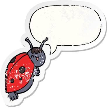 Tatlı çizgi film uğur böceği konuşma baloncuğu ile sıkıntılı eski bir çıkartma bir insan tarafından çizilmiş