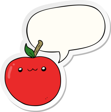 Bir insan tarafından çizilmiş konuşma kabarcığı etiketli şirin bir elma.