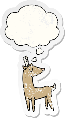 Düşünce baloncuğu olan çizgi film geyiği insan tarafından çizilmiş yıpranmış bir çıkartma gibidir.