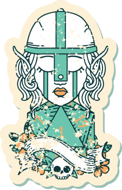 Retro Dövme Tarzı Ağlayan Elf Savaşçısı karakteri yüzü ve bir insan tarafından çizilmiş D20 rulosu.