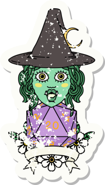 Bir insan tarafından çizilmiş doğal 20 zarlı yarım ork cadı karakterinin grunge çıkartması.