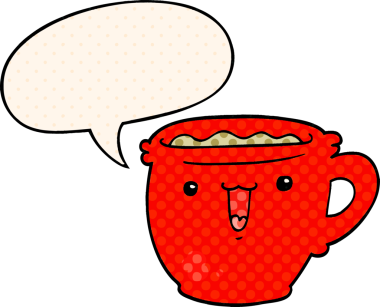 Bir insan tarafından çizilmiş çizgi roman tarzında konuşma balonu olan şirin bir kahve fincanı.