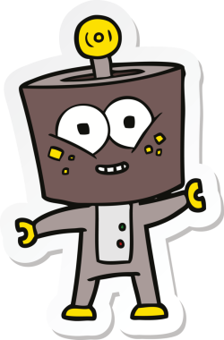 Bir insan tarafından çizilmiş mutlu çizgi film robotunun çıkartması.