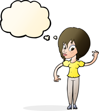 Bir insan tarafından çizilmiş düşünce baloncuğuyla el sallayan çizgi film kadını.