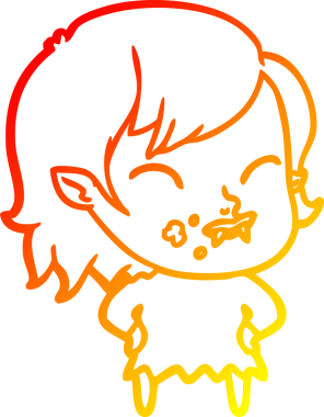 Bir insan tarafından çizilmiş yanağında kan olan vampir bir kızın çizgi film çizimi.