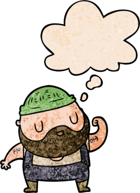 Bir insan tarafından çizilmiş grunge desenli düşünce baloncuğu olan karikatür isçisi.