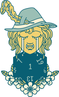 Retro Dövme Tarzı Hüzünlü yarım Ork Ozan Karakteri Bir insan tarafından çizilmiş doğal bir d20 rulo