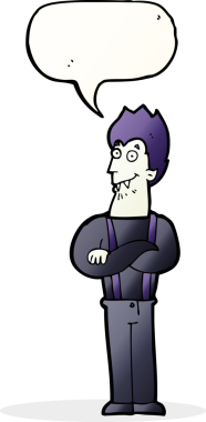 Bir insan tarafından çizilmiş konuşma balonlu mutlu vampir çizgi filmi.