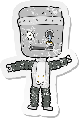 Bir insan tarafından çizilmiş komik bir robotun gerilimli çıkartması.
