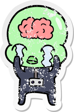 Bir çizgi filmin sıkıntılı çıkartması. Bir insan tarafından çizilmiş büyük beyinli uzaylı ağlaması.