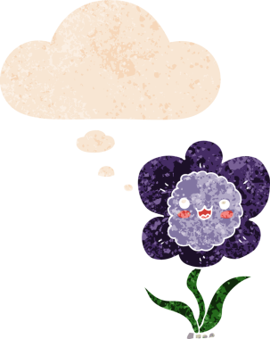 Düşünce baloncuğu ve grunge desenli karikatür çiçeği bir insan tarafından çizilmiş.