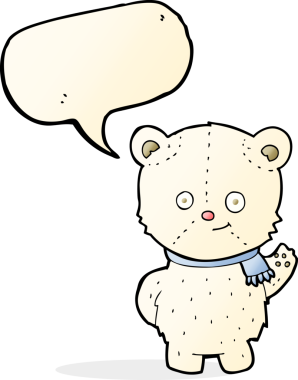 Bir insan tarafından çizilmiş konuşma baloncuğuyla el sallayan sevimli kutup ayısı.